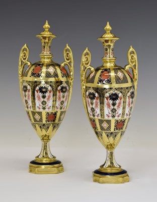 Lot 419 - Pair of Royal Crown Derby 'Old Imari pattern' twin-handled ovoid pedestal vases