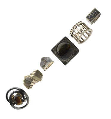 Lot 87 - Erik Dennung for Buch & Deichmann, Denmark - Brutalist tigers eye gilt-plated ring, etc
