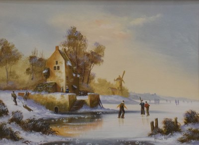 Lot 504 - Ken Hammond (British, b.1948) - Oil on board - Dutch winter landscape