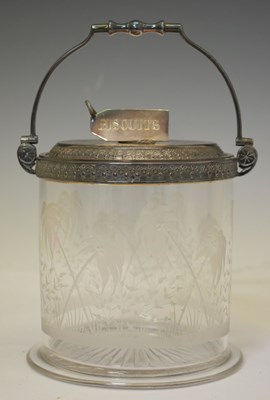 Lot 303 - Edwardian cut glass and silver plated biscuit barrel with coiled rope finial