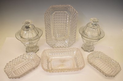 Lot 374 - Pair of Irish glass pedestal sweetmeat dishes and covers, plus four dishes