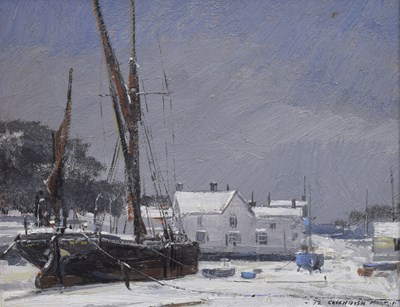 Lot 307 - Cavendish Morton (British, 1911-2015) - Oil on board - 'Barge on the Hard, Pin Mill, Suffolk'