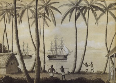 Lot 280 - 19th century ink and grey wash - 'HMS Pearl and HMS Blanche steaming into anchorage of Ovalau, Fiji'