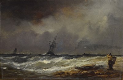 Lot 277 - Attributed to James Webb (British, 1825-1895) - Oil on card - 'Pegwell Bay, Kentish Coast'