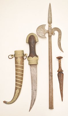 Lot 342 - Small African dagger, probably Sudanese, Indian axe and Moroccan Jambiya