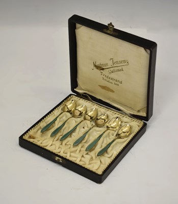 Lot 96 - David Andersen - Set of six white-metal and guilloche demi-tasse coffee spoons