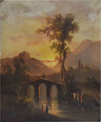 Lot 494 - Italian School (19th century) - Oil on canvas - Figures by a bridge
