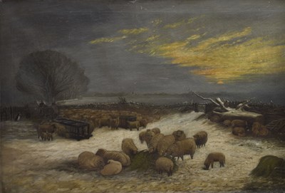 Lot 292 - English School, circa 1900 - Oil on canvas - Sheep wintering