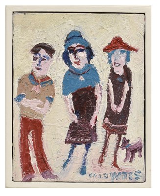 Lot 308 - Fred Yates (1922-2008) - Oil on canvas - Three figures with dog