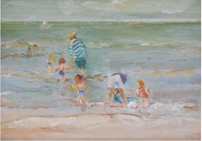 Lot 492 - Phoebe Tulloh (20th century) - Oil on board - 'Bathers', a beach scene