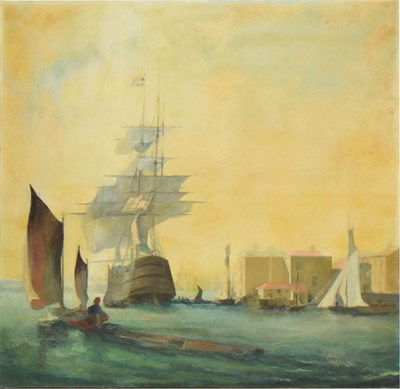 Lot 512 - English School, 20th century - Large oil on canvas - The Pool of London