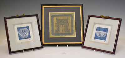 Lot 437 - Three assorted Chinese still life prints with brass hangers