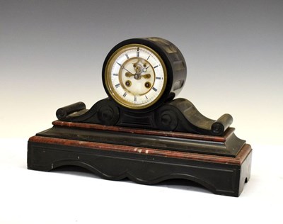 Lot 406 - Late 19th Century French black slate and rouge marble drumhead mantel clock