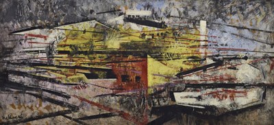 Lot 381 - George Melhuish (British, 1916-1985) - Oil on board - 'Bristol Blitz'