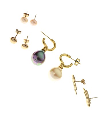 Lot 144 - Pair of faux pearl drop earrings, stamped 14K, plus sundry ear studs