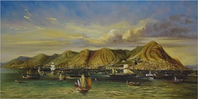 Lot 491 - Chinese School, 20th century - Oil on canvas - Hong Kong harbour