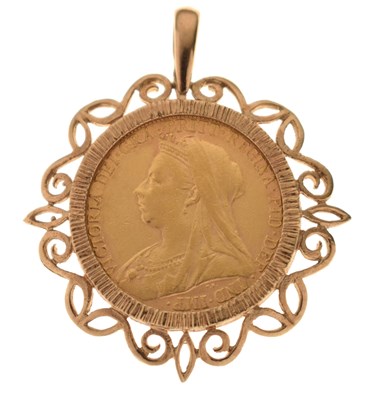 Lot 202 - Queen Victoria gold sovereign, 1896, in 9ct gold mount