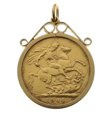 Lot 205 - Edward VII gold sovereign, 1904, in 9ct gold mount