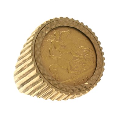 Lot 206 - Edward VII gold half sovereign, 1905, in 9ct gold ring setting
