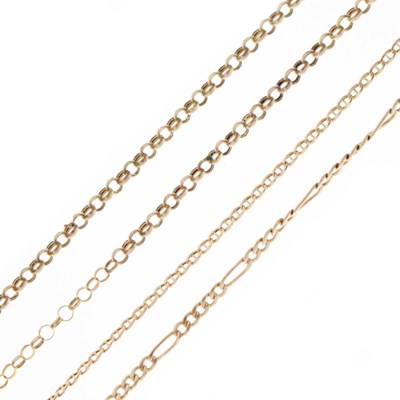 Lot 109 - 9ct gold bracelet, a 9ct gold belcher link chain (a/f), and a 9ct gold figaro link bracelet (a/f)