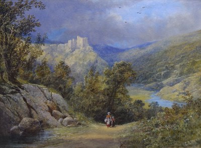 Lot 296 - Edgar E West (British, fl.1857-1892) - Watercolour - Castle on a hilltop in wooded landscape