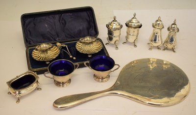 Lot 184 - Cased pair of Victorian silver shell salts with spoons, George V silver backed mirror with engraved decoration, etc