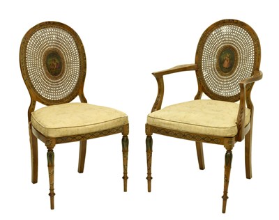 Lot 504 - Sheraton Revival painted satinwood open armchair, etc