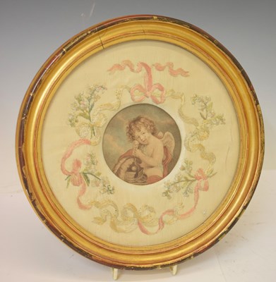 Lot 300 - 19th century print of a cherub enclosed in silkwork surround