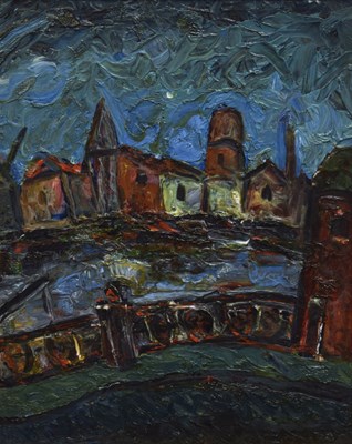 Lot Barrington Tabb (British, 1934-2022) - Oil on board - 'View from the bridge, 1995'