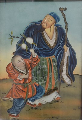 Lot 440 - 20th century Chinese reverse painted glass panel depicting Shou Lao