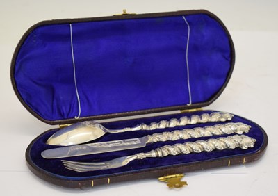 Lot 190 - Cased Victorian Christening set of silver cutlery with barley twist handles