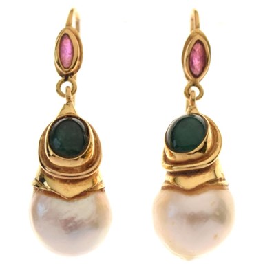 Lot 117 - Pair of pearl, emerald and ruby drop earrings