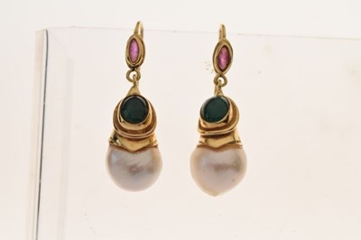 Lot 117 - Pair of pearl, emerald and ruby drop earrings