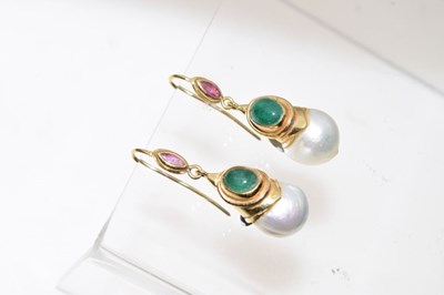 Lot 92 - Pair of pearl, emerald and ruby drop earrings