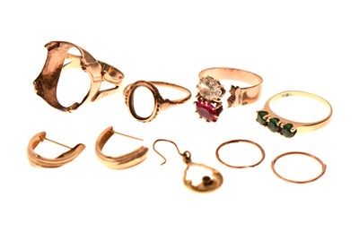 Lot 153 - Unmarked yellow metal two-stone ring set an oval synthetic ruby and an oval white stone (a/f), etc