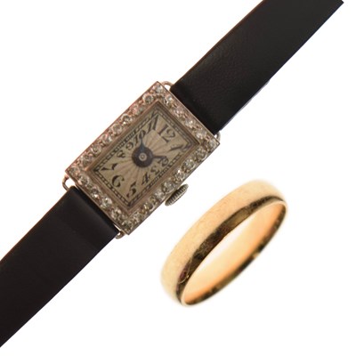 Lot 148 - 9ct gold wedding band, and a platinum-cased cocktail watch