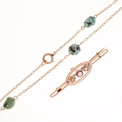 Lot 105 - Edwardian seed pearl and purple stone bar brooch and turquoise necklace (2)
