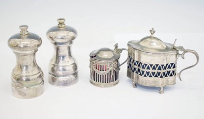 Lot 188 - Two silver mustard pots and a pair of Elizabeth II silver-mounted salt grinder and pepper mill