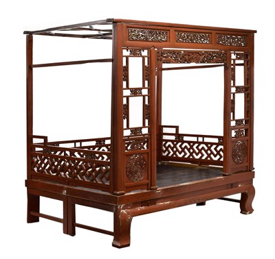 Lot 249 - Late 19th or early 20th century Chinese red lacquered opium or marriage bed