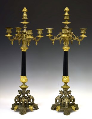 Lot 155 - Pair of late 19th century French gilt metal and ormolu five light candelabra
