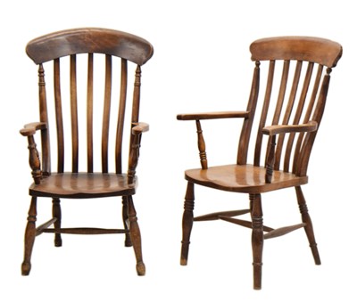 Lot 541 - Near pair of late Victorian elm and fruitwood lath back kitchen chairs
