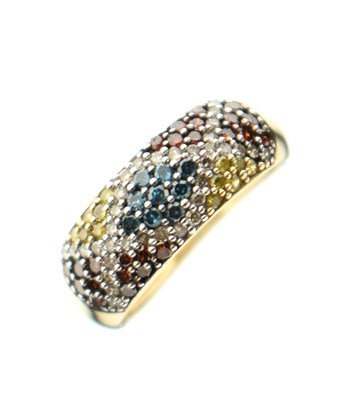 Lot 12 - White, red, yellow and blue diamond 9ct gold boat head ring