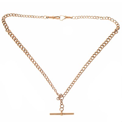 Lot 98 - Yellow metal 9ct 'rose gold' curb link Albert with T bar