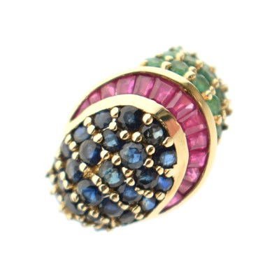 Lot 30 - Ruby, emerald, and sapphire 9ct gold boat head ring