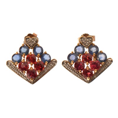 Lot 135 - Ruby and sapphire 9ct gold square ear studs