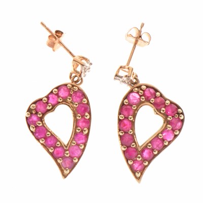 Lot 136 - Ruby and diamond and 9ct gold heart earrings
