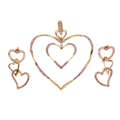 Lot 137 - Pink sapphire and 9ct gold heart pendant and similar earrings