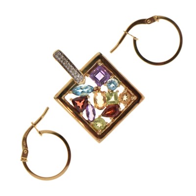 Lot 84 - Square multi stone 9ct gold pendant and pair of small 9ct gold hoop earrings
