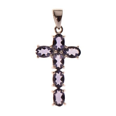 Lot 85 - Purple stone (iolite/tanzanite) 9ct white gold cross pendant