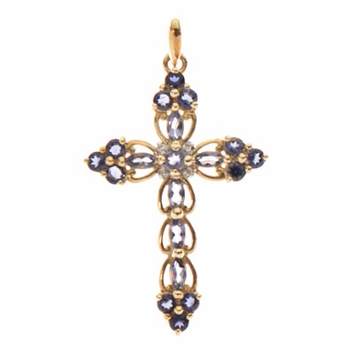 Lot 86 - Purple stone (tanzanite/iolite) and diamond 9ct gold cross pendant